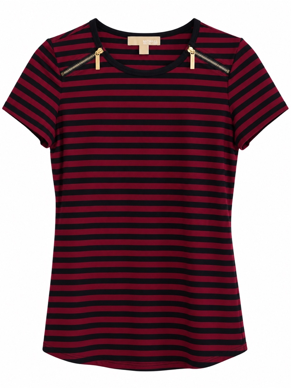 MICHAEL Michael Kors Burgundy and Black Striped Short-Sleeve Tee with Gold Zips